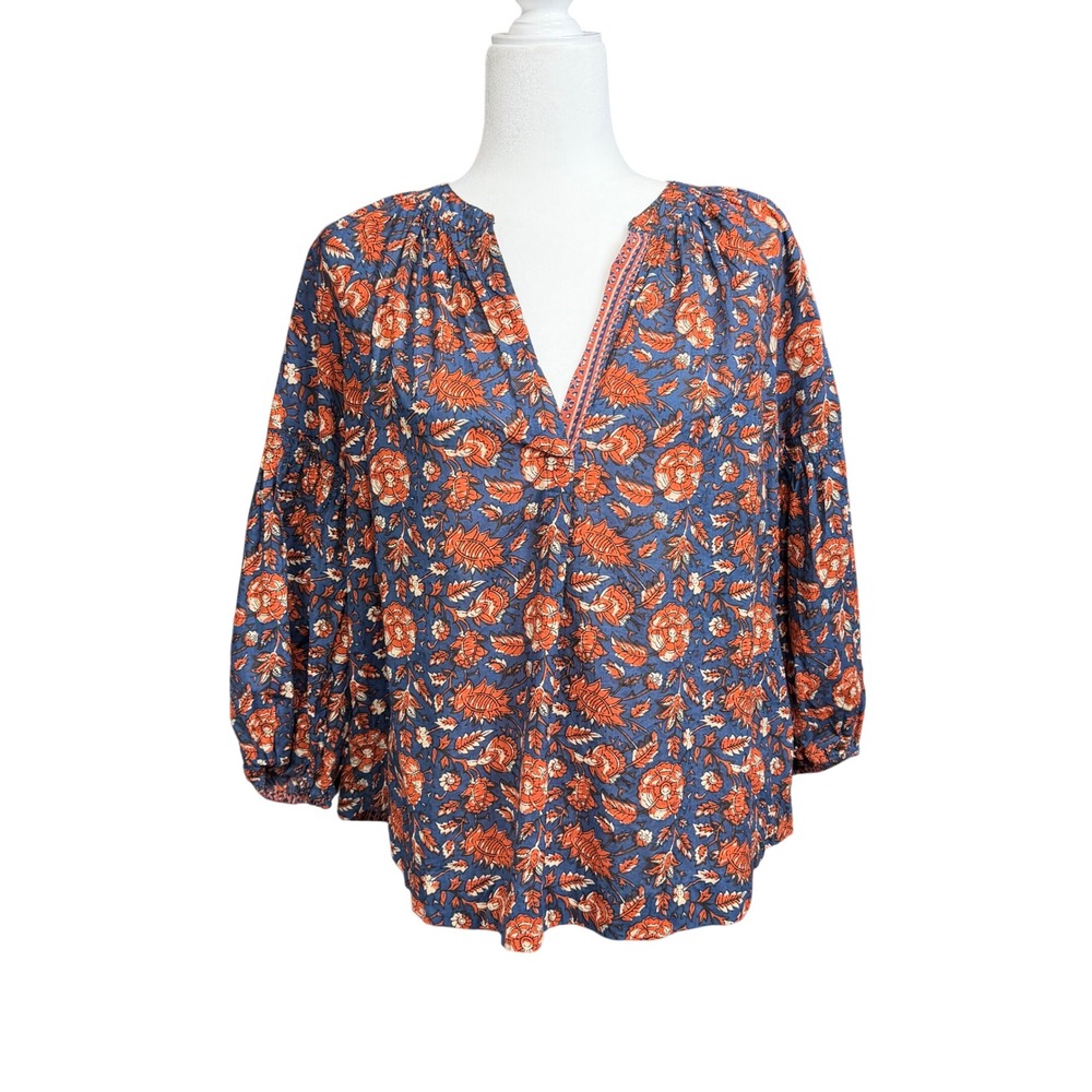 NWT Velvet by Graham & Spencer Blouse Women S Navy Orange Floral Cotton Boho New
